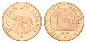 Либерия 1 цент 1974 в запайке KM 13 бронза PROOF 4624-523