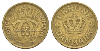 Дания 1 крона 1925 HCN, Кристиан X (1912-1947) KM 824 алюминиевая бронза 4657-322