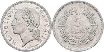 Франция 5 франков 1945 тип Лаврилье, Open 9 KM 888b.1, Le Franc 339.3 алюминий 4117-1144