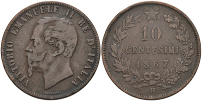 Италия 10 чентезимо 1867 H, Виктор Эммануил II (1861-1878) KM 11.3 медь 4572-932