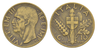 Италия 10 чентезимо 1939 KM 74a алюминиевая бронза 4617-715