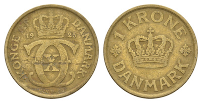 Дания 1 крона 1925 HCN, Кристиан X (1912-1947) KM 824 алюминиевая бронза 4657-322