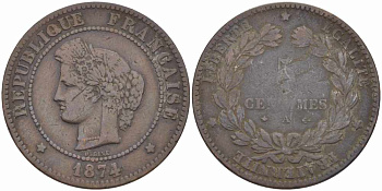 ФРАНЦИЯ 5 САНТИМОВ 1874 A, ТРЕТЬЯ РЕСПУБЛИКА (1871-1940) KM 821.1, LE FRANC 118.10 бронза 108-717