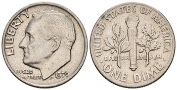 США 10 центов = дайм 1970 Рузвельт KM 195а медь плакированная медно-никелем 4576-867
