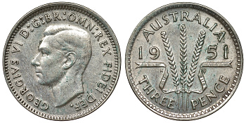 Австралия 3 пенса 1951 m, Георг VI (1937-1952), без букв KM 44 серебро 71-349