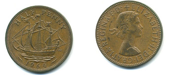 Великобритания 1/2 пенни 1964 Елизавета II (1952-2022) KM 896, Spink 4158 бронза 3999-126