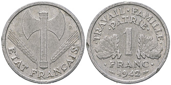 Франция 1 франк 1942 KM?902.1, Le Franc 922 алюминий 4584-1213