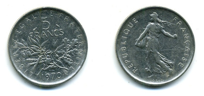 Франция 5 франков 1970 сеятель, тип Semeuse KM 926a.1, Le Franc 341.2 медно-никель плакированный никелем 25-713