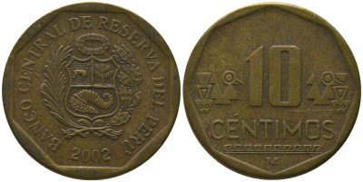 Перу 10 сентимо 2002 LIMA KM 305.4, Schon 104 латунь 4543-811