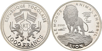 Того 1000 франков 2000 серия животный мир, лев, тираж 5000 экз. KM 28 серебро PROOF 04-318-22
