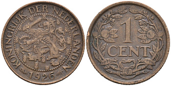 Нидерланды 1 цент 1926 Вильгельмина (1890-1948) KM 152 бронза 4576-735