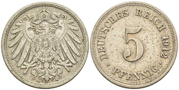 ГЕРМАНИЯ 5 ПФЕННИГОВ 1912 A KM 11, J. 12, Weege 6 медно-никель 206-1011