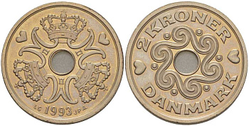 ДАНИЯ 2 КРОНЫ 1994 LG; JP; A, МАРГРЕТЕ II (1972-) KM 874.1 медно-никель 202-836