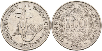 Валютный Союз стран Западной Африки 100 франков 1969 KM 4 никель 4575-1144