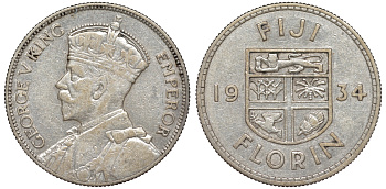Фиджи 1 флорин 1934 Георг V (1910-1936), герб Фиджи KM 5 серебро    91-1135