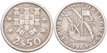 Португалия 2,5 эскудо 1964 парусник KM 590 медно-никель 4611-919