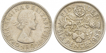 Великобритания 6 пенсов 1958 Елизавета II (1952-2022) KM 903, Spink 4149 медно-никель 3718-248
