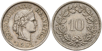 Швейцария 10 раппенов 1969 KM 27 медно-никель 4152-1066