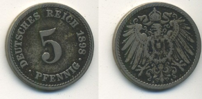 ГЕРМАНИЯ 5 ПФЕННИГОВ 1897 A, KM 11, J. 12 медно-никель 54-576