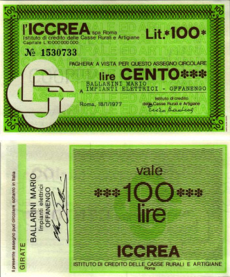 Италия чек на 100 лир 1977 18 января 1977, L'Iccrea spa Roma бумага UNC (пресс) 7218-14-2-2