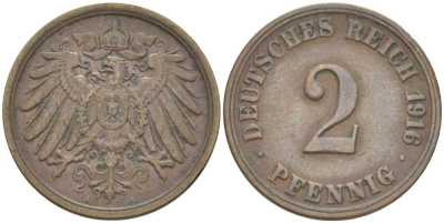 Германия 2 пфеннига 1916 A KM 16, J. 11, Weege 4 медь 212-426