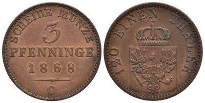 ПРУССИЯ 3 ПФЕННИГА 1868 C, ВИЛЬГЕЛЬМ I (1861-1888) KM 482 медь 186-612