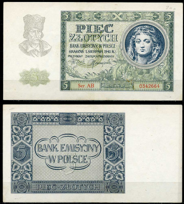 Польша 5 злотых 1941 эмиссионный банк в Польше (немецкая оккупация) Pick 101 бумага XF 00-00