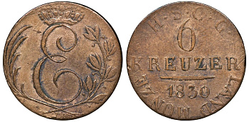 Саксен-Кобург-Заальфельд 6 крейцеров 1830 EK, Эрнст I (1826-1844) KM 11 серебро    116-659
