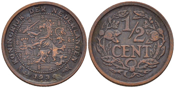 НИДЕРЛАНДЫ 1/2 ЦЕНТА 1930 ВИЛЬГЕЛЬМИНА (1890-1948) KM 138 бронза 39-223