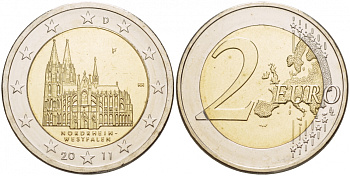 ФРГ 2 евро 2011 F, серия федеральные земли, Северный Рейн-Вестфалия, Кельнский собор KM 293 биметалл UNC 1094-6-71