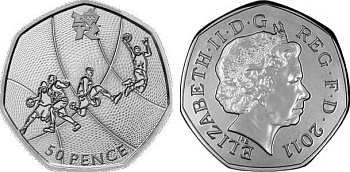 Великобритания 50 пенсов 2011 XXX летние Олимпийские игры в Лондоне в 2012 году, баскетбол, в оригинальном картонном буклете, с Олимпийской голограммой (5/29) KM 1190 медно-никель  UNC  3-6-6-22