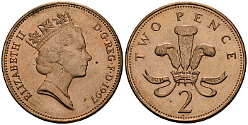 Великобритания 2 пенса 1997 Елизавета II (1952-2022) KM 936a, Spink 4376 (C4) сталь плакированная медью 3333-1221