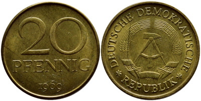 ГДР 20 пфеннигов 1969 А, первый год KM 11 латунь UNC 4398-813