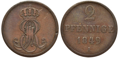 Ганновер 2 пфеннига 1849 A, Эрнст Август (1837-1851) KM 202.2, AKS 125, J. 75 медь 75-1923