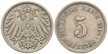 Германия 5 пфеннигов 1914 A, KM 11, J. 12 медно-никель 220-735