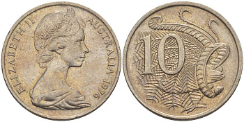 Австралия 10 центов 1976 Елизавета II (1952-), птица лирахвост KM 65 медно-никель 4382-956