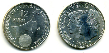 Испания 12 евро 2002 Карлос и София, Председательство Испании в Евросоюзе KM 1049 серебро UNC N4-35-21