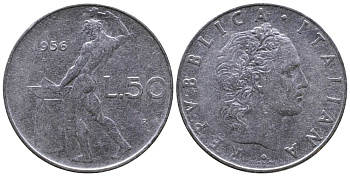 Италия 50 лир 1956 R, бог огня Вулкан у наковальни KM 95.1 нержавеющая сталь 3333-825