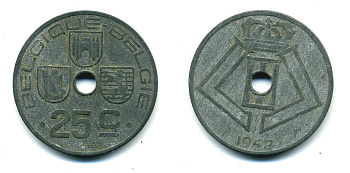 БЕЛЬГИЯ 25 САНТИМОВ 1942 BELGIQUE-BELGIE, ГЕРМАНСКАЯ ОККУПАЦИЯ, ВТОРАЯ МИРОВАЯ ВОЙНА KM 131 цинк 86-1234