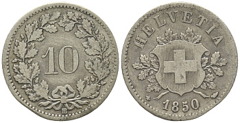 Швейцария 10 раппенов 1850 ВВ первый год KM 6 серебро 100-824