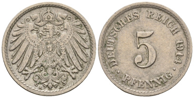 Германия 5 пфеннигов 1914 A, KM 11, J. 12 медно-никель 220-735