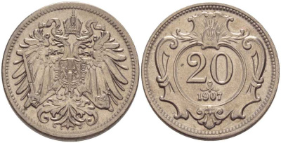 АВСТРИЯ 20 ГЕЛЛЕРОВ 1907 АВСТРО-ВЕНГЕРСКАЯ ИМПЕРИЯ KM 2803 никель 117-844
