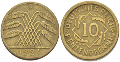ГЕРМАНИЯ 10 РЕНТЕНПФЕННИГА 1924 A KM 33, J.309, Weege 8 алюминиевая бронза 202-234