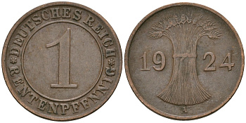 Германия 1 рентенпфенниг 1924 A KM 30, J. 306 бронза 4608-319