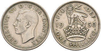 Великобритания 1 шиллинг 1950 Георг VI (1936-1952), Английский герб KM 876, Spink 4108 медно-никель    4595-921