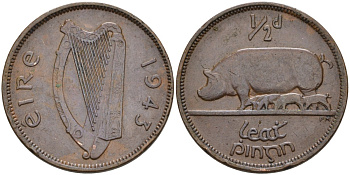 Ирландия 1/2 пенни 1943 свинья с поросятами KM 10 бронза 4561-1135