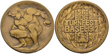 Швейцария медаль 1912 56-й Федеральный гимнастический фестиваль в Базеле, диаметр 34,5 мм. Aeppli 140, Hofer 170 бронза 1095-7-53