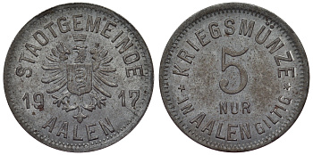 Германия, Аален 5 пфеннигов 1917 Баден-Вюртемберг, нотгельд Funck 2.1 железо 4118-1251