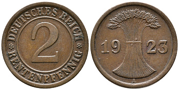 ГЕРМАНИЯ 2 РЕНТЕНПФЕННИГА 1923 A KM 31, J. 307 бронза 24-352
