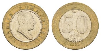 Турция 50 курушей 2005 Кемаль Ататюрк KM 1168 биметалл 4633-333